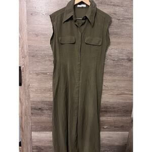 MNG By Mango Womens Green Cargo Dress Sz L Utility Collared Button Up Pockets